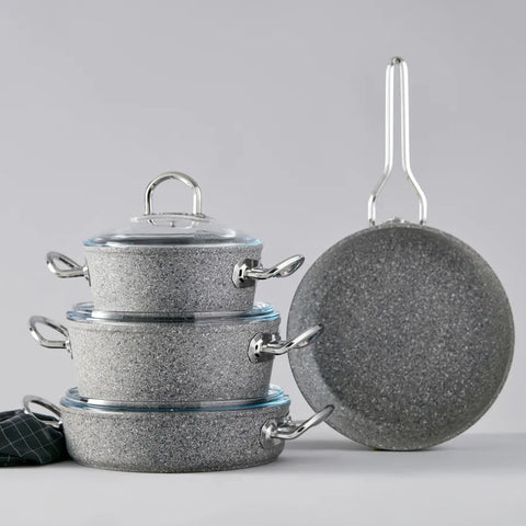 Karaca Silver Stone Granit 7-teiliges Kochtopf-Set mit Metallgriffen Induktion geeignet